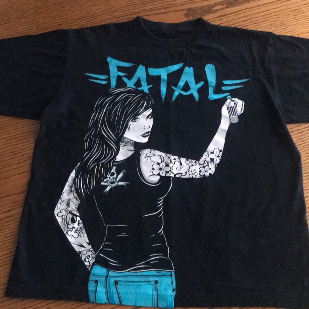 Fatal black t-shirt with white and blue design